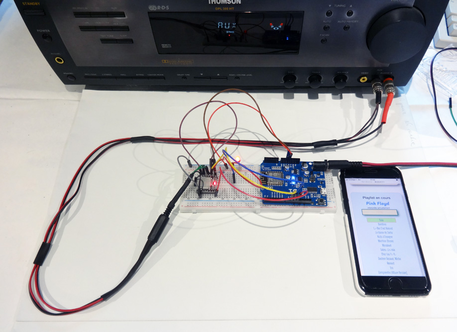 The final assembly of the ESP8266 (D1R1) which is the interface between the web and DFRobot's DFPlayer mini to control it through playlists